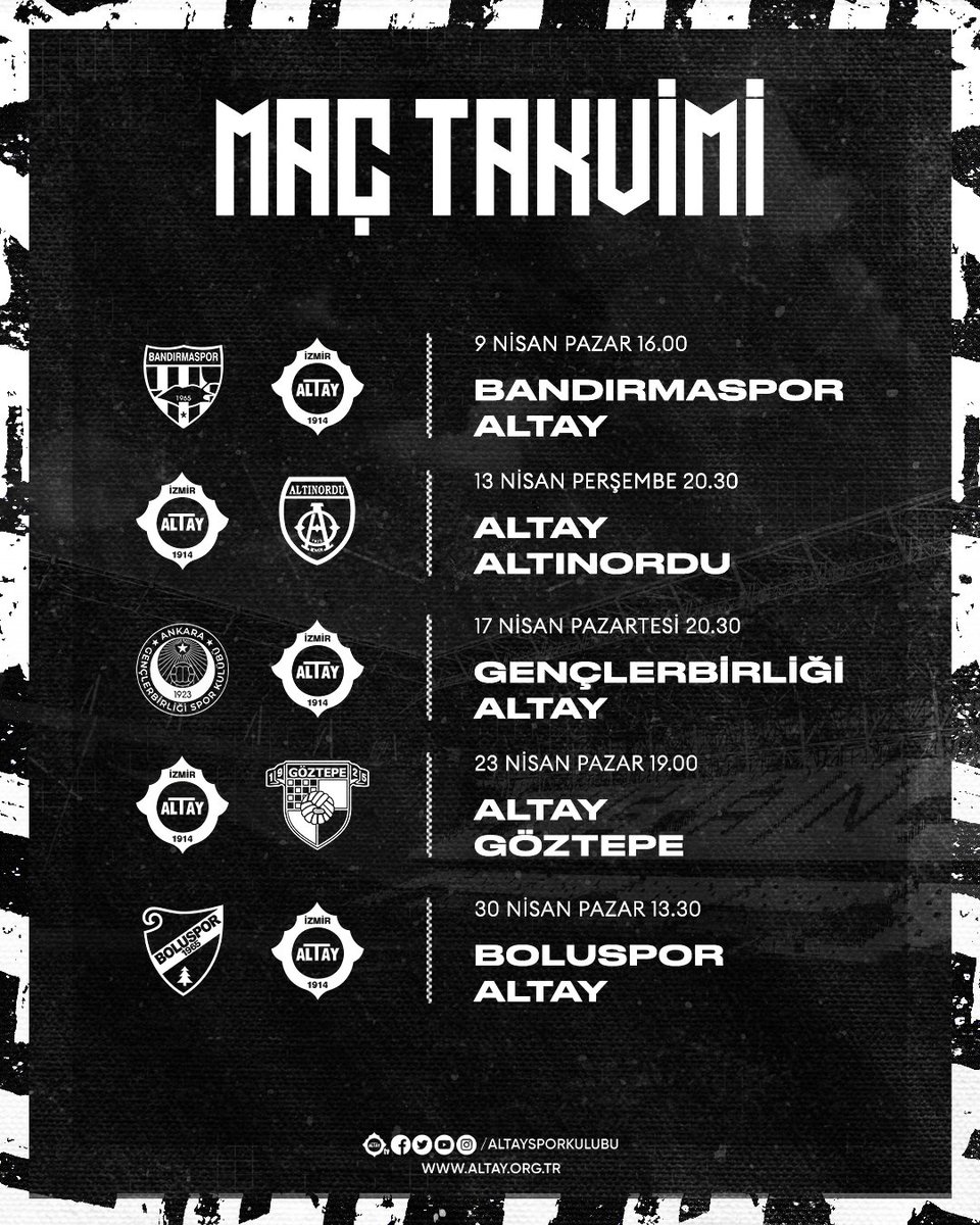 AltaySporKulubu's tweet photo. 🗓️Spor Toto 1. Lig’de 31-35. haftanın programı açıklandı.👇

#BüyükAltay https://t.co/qCNfMn98bk