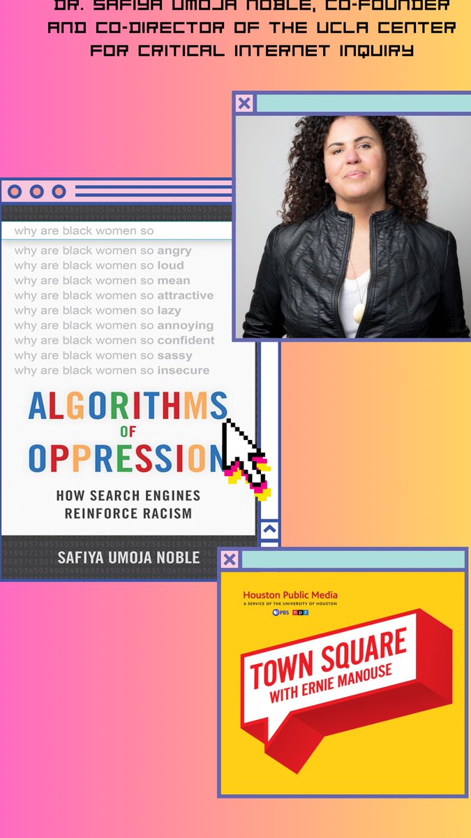 townsquaretalk's tweet image. Have you ever thought about bias on the internet? Today, @safiyanoble founder of @C2i2_UCLA, joins @brendaontheair to discuss her book "Algorithms of Oppression: How Search Engines Reinforce Racism". #algorithmsofoppression
