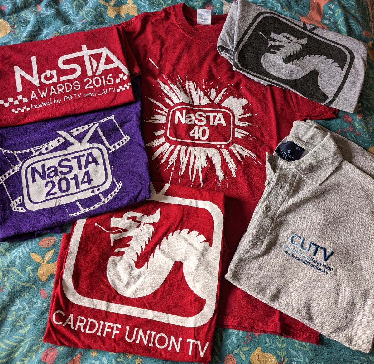 kahkc's tweet photo. As a starter for 10, here's my Student TV t-shirt stash - I knew I was hanging onto them all for a reason! https://t.co/WwtaaoqJgi