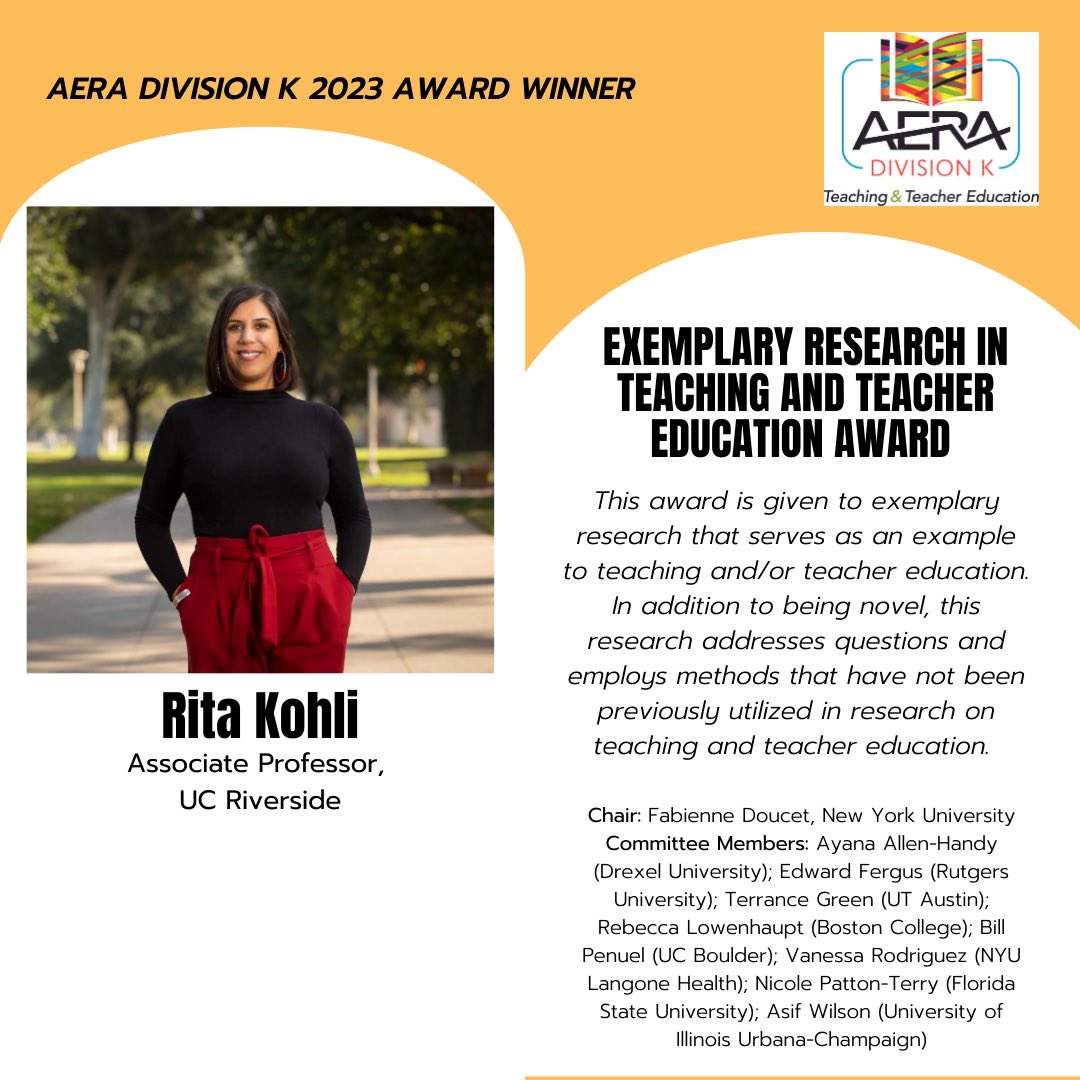 AERADivisionK's tweet image. Congratulations to Dr. Rita Kohli (@kohli_rita) on their Exemplary Research in Teaching &amp;amp; Teacher Education Award &amp;amp; thank you to committee members @bailabomba (Chair), @EddieArcia, @terrancelgreen, @RLowenhaupt, @bpenuel, @teachingbrain, @TheDrPT, Asif Wilson &amp;amp; Ayana Allen-Handy.
