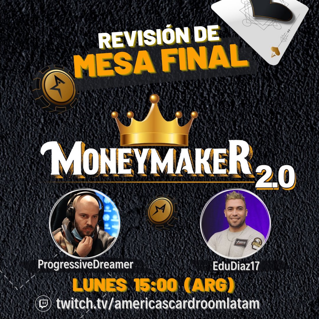 ProgressiveDre1's tweet photo. 🚀Hoy $86 Moneymaker (Game 3) FT review + fecha 14/15 - doble liga https://t.co/5O2eddYxRo🚀

SORTEO🎟️$33 TKT🎟️ #acrgiveaway 
Seguir
☑️@AcrLatam
☑️@ProgressiveDre1
☑️@edudiazpoker

☑️❤️+ RT + dejá tu Nick + Tag 3 amigos

+ Information ➡️ https://t.co/c1cqdXDVa1 https://t.co/KCEG2vU9uL