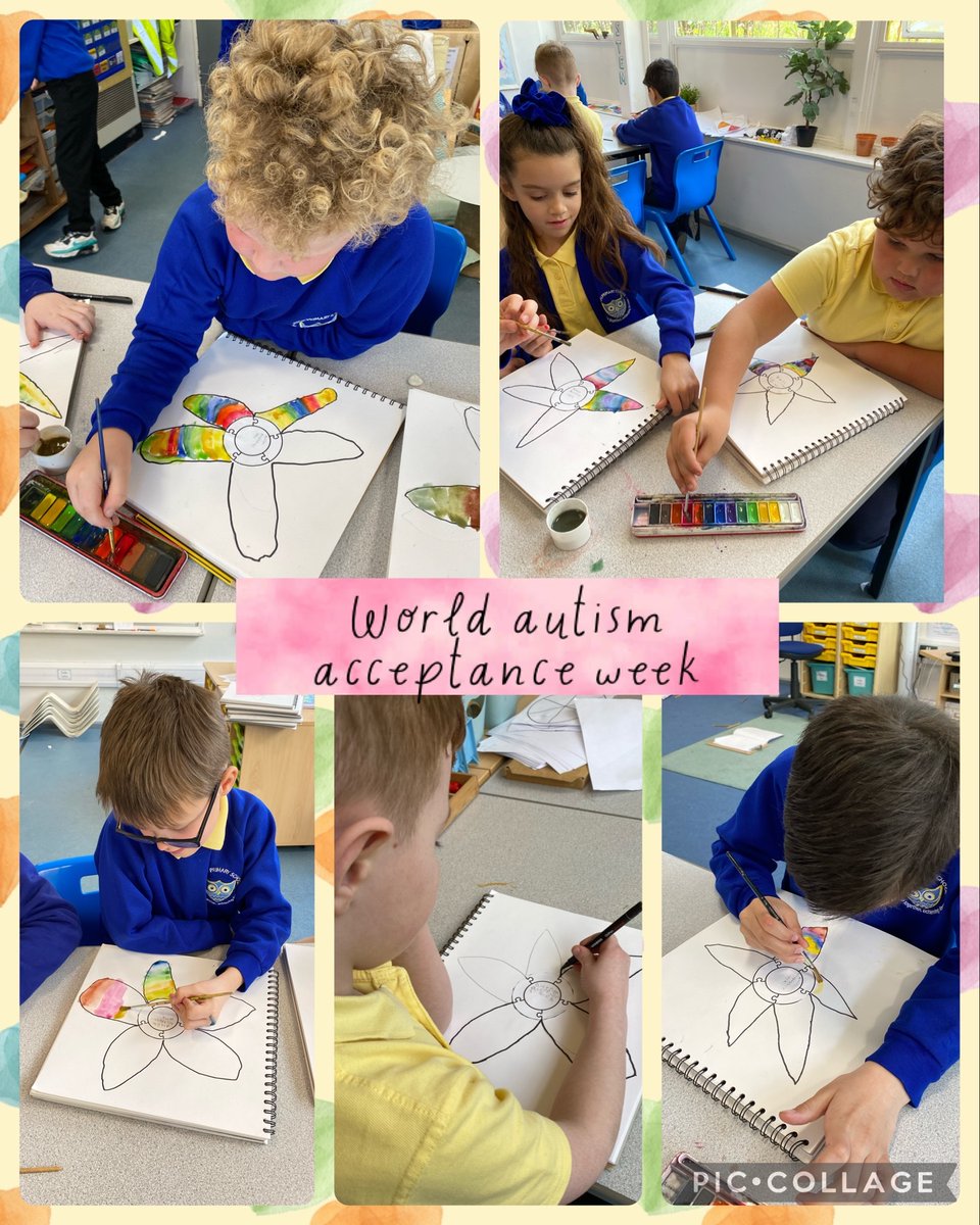 MissChoo17's tweet photo. This week is #WorldAutismAcceptanceWeek Today in literacy we listened to a story about a little boy with autism and in the afternoon, we started some artwork. We discussed what the puzzle pieces and the rainbow colours symbolise for the autistic community #year3 #proudteacher https://t.co/AeI74RMwg8