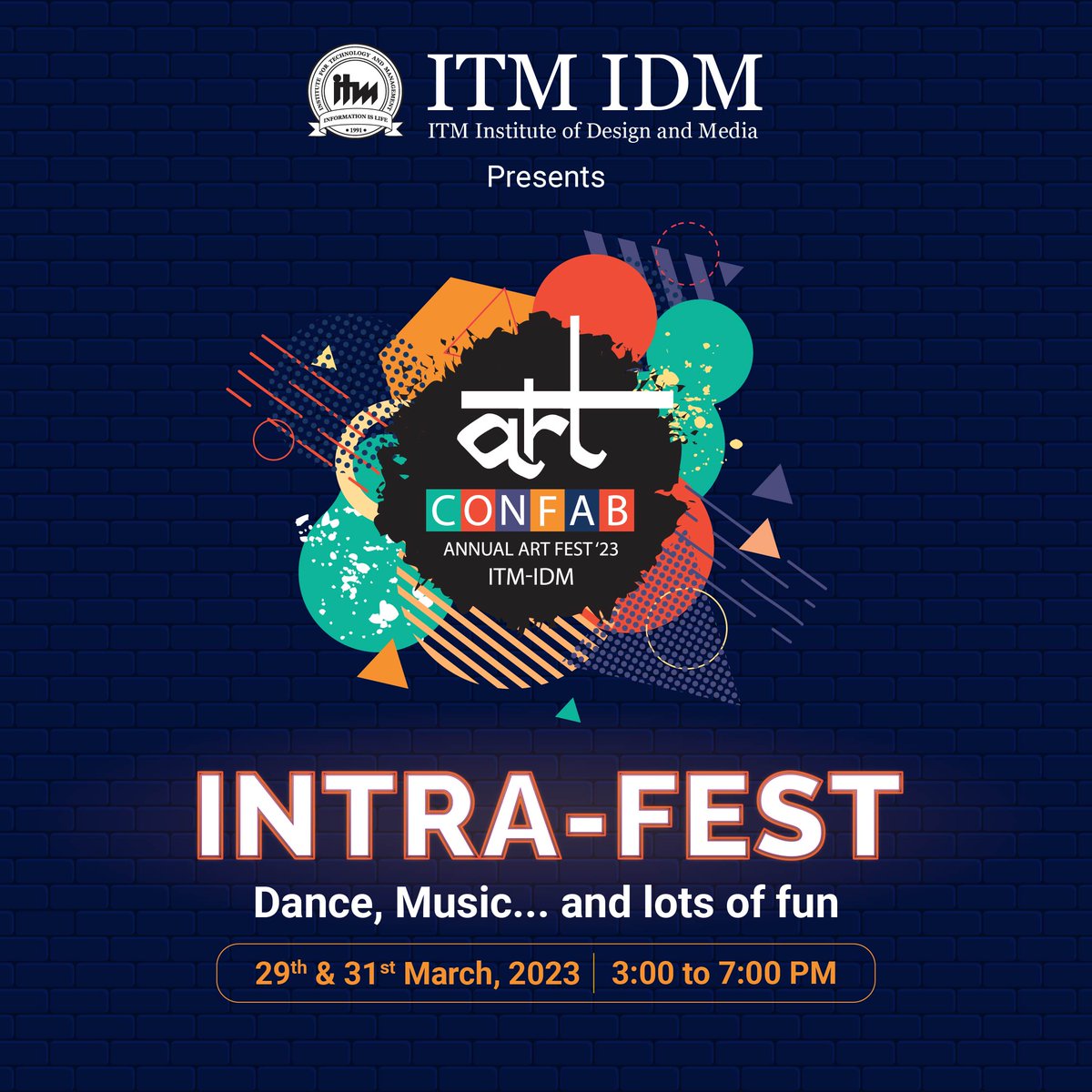 itm_idm's tweet photo. Save the date! ITM Institute of Design and Media's Annual Art Confab is happening on March 29th & 31st. Join us for an immersive experience featuring workshops, panel discussions, and a showcase of exceptional student artwork.
#itmidm #iamitm #artconfab #collegefest #fest https://t.co/fHMD0GghfH