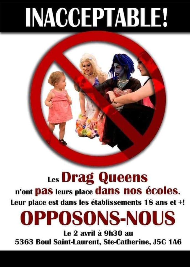 Les enfants sont la cible préférée des mondialistes. Soyons nombreux ce dimanche pour lancer le plus grand mouvement de ''confinement des drag queen dans les bars pour adultes''. On commence ce dimanche et obtenir des lois au parlement. L'implication des familles est importante.
