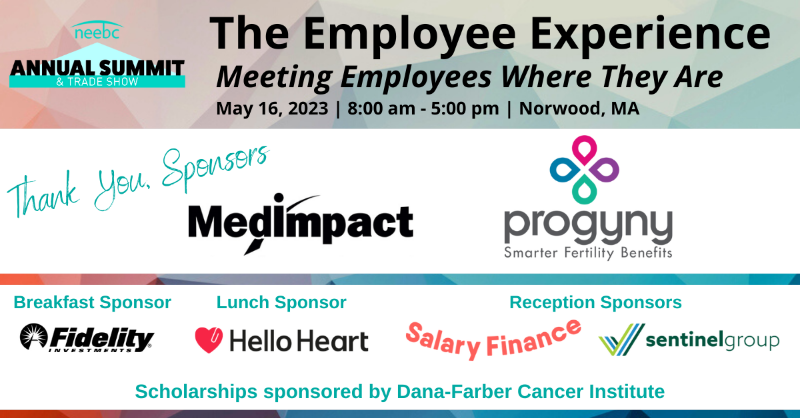 NEEBC's tweet photo. #NEEBCSummit2023 sponsors help underwrite the extensive content, networking opportunities &amp; social reception that make this the region’s premier benefits conference. Thank you, sponsors: @MedImpact, @Progyny, @Fidelity, @HelloHeartApp, @salaryfin, @Sentinel__Group, @DanaFarber.