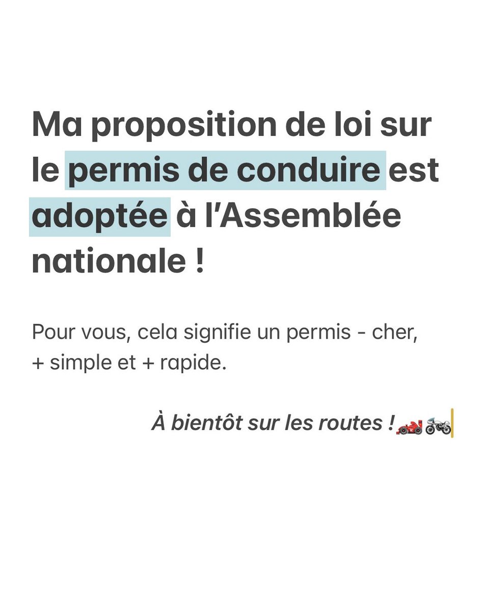 SachaHoulie's tweet photo. Victoire ! Ma proposition de loi sur le permis de conduire a été adoptée à l’unanimité à l’Assemblée nationale. 
C’est une étape essentielle de la vie quotidienne, qui sera abordée plus sereinement pour beaucoup d’entre vous ! 🙌 https://t.co/ICIo0Gtpun