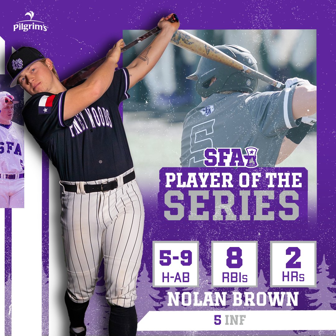From this weekend against Utah Tech your Pilgrim's Nacogdoches Player of the Series is Nolan Brown!! ⚾

🔑| 5-9 at bat
🔑| 8 RBIs
🔑| 2 Home Runs

#AxeEm x #RaiseTheAxe x #SOMOS
