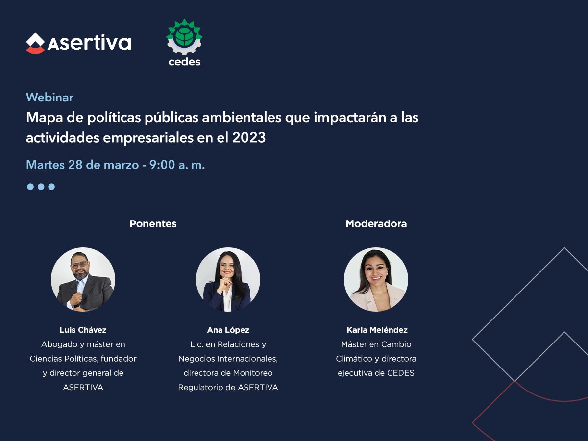 AsertivaSV's tweet photo. Acompáñanos al #webinar “Mapa de políticas públicas ambientales que impactarán a las actividades empresariales en el 2023”.

🗓️ Martes 28 de marzo 2023
⏰ 9:00 a.m.

Inscríbete en el siguiente formulario: https://t.co/jdxNtTbOEs 

*Evento para miembros de CEDES y sus invitados. https://t.co/AEqOKOeAJQ