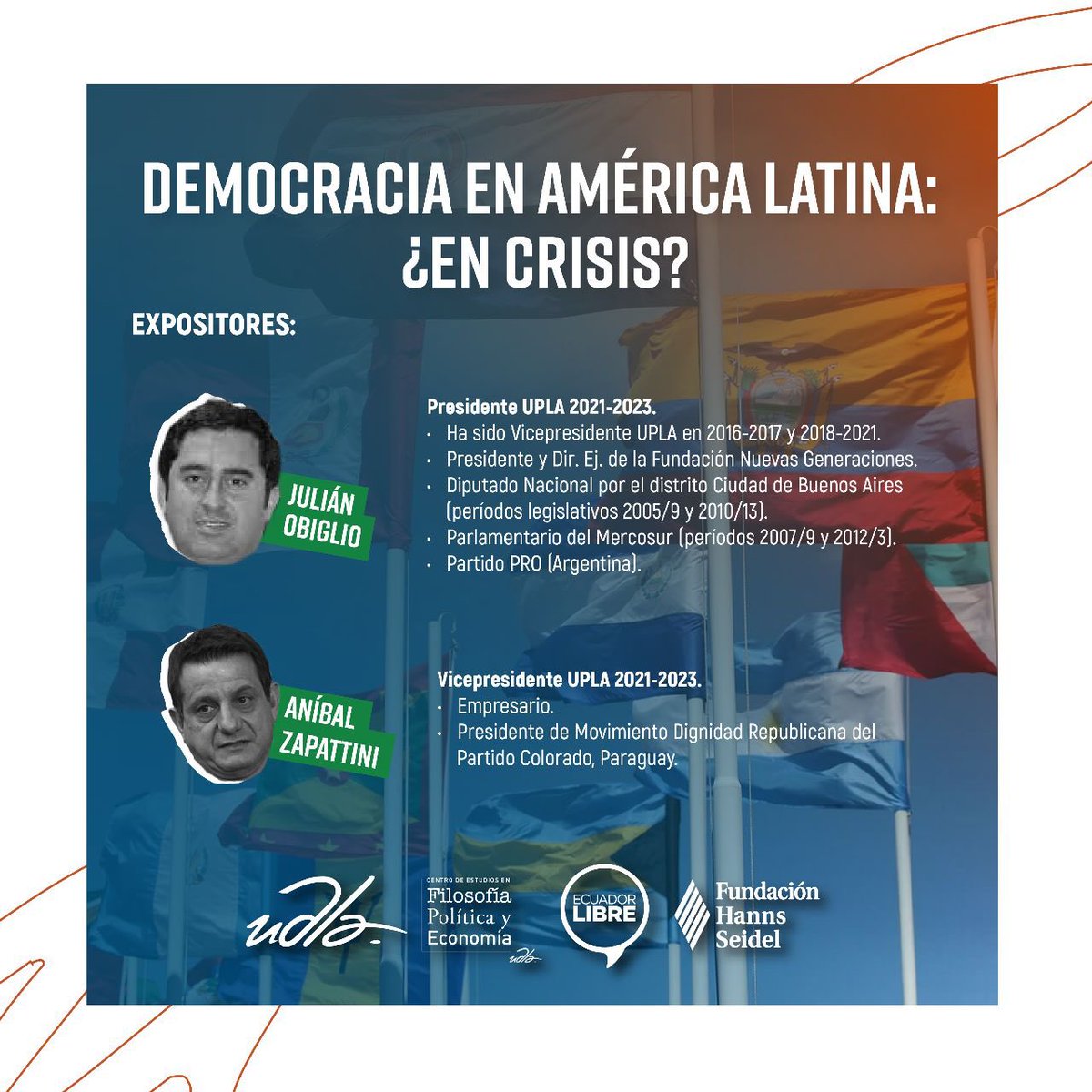 ecuadorlibre's tweet photo. 🗓️|MAÑANA 28 DE MARZO|

Los esperamos en este evento en colaboración con UPLA y el CEFPE que contará con un prestigioso panel de políticos de distintos países de América Latina sobre las dificultades y desafíos que atraviesan los sistemas democráticos en América Latina. https://t.co/r4hzaQtWBf