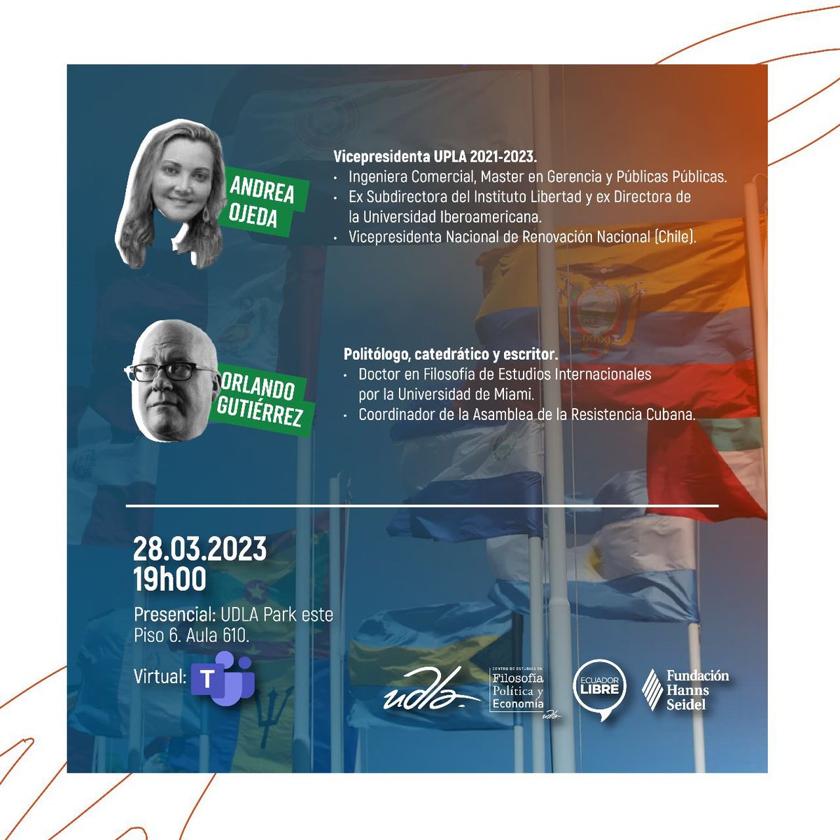 ecuadorlibre's tweet photo. 🗓️|MAÑANA 28 DE MARZO|

Los esperamos en este evento en colaboración con UPLA y el CEFPE que contará con un prestigioso panel de políticos de distintos países de América Latina sobre las dificultades y desafíos que atraviesan los sistemas democráticos en América Latina. https://t.co/r4hzaQtWBf