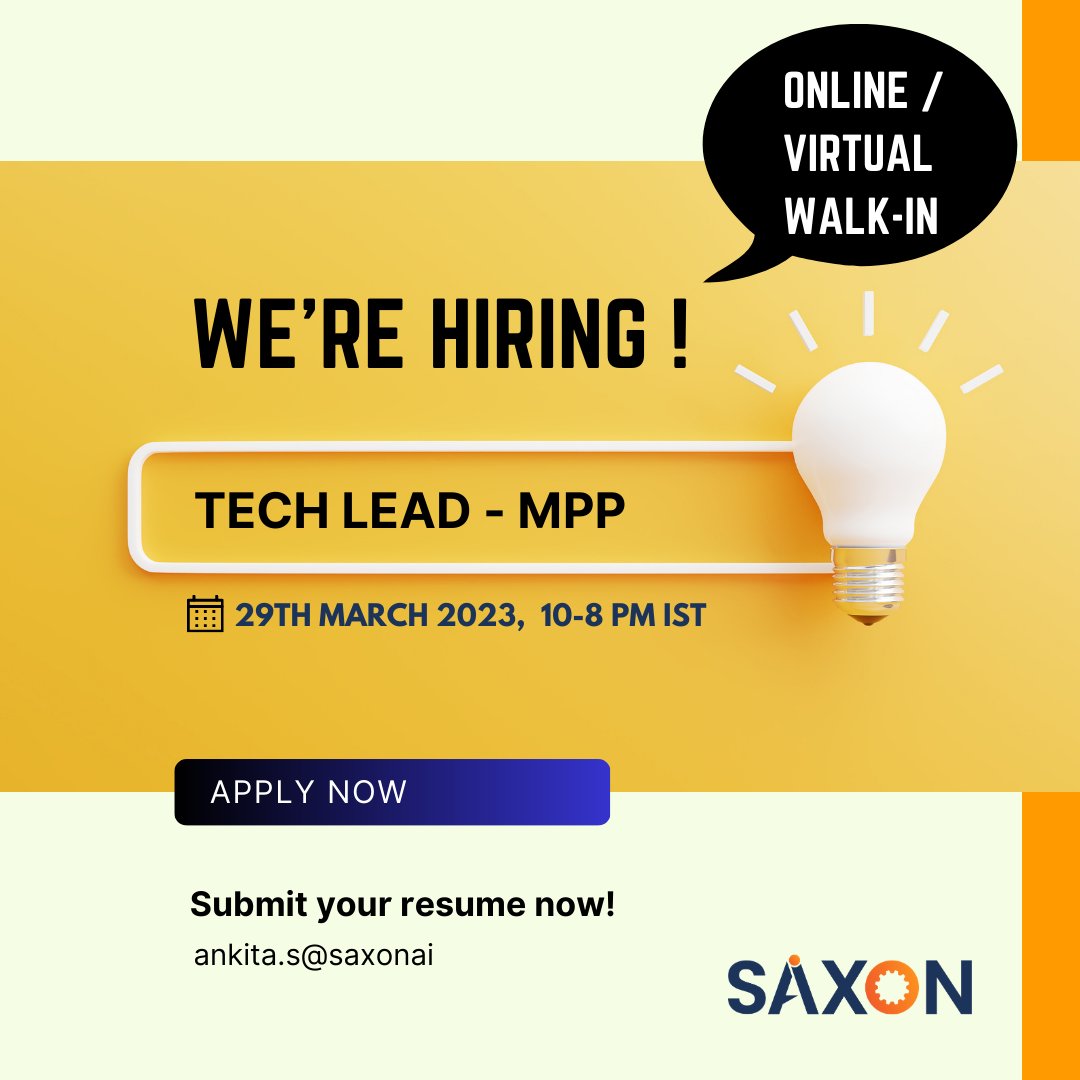 saxon_ai's tweet photo. Virtual Connect with MPP professionals 
We’re seeking a Tech Lead-MPP to join our team of coding wizards. Participate in our virtual hiring drive and let your ideas shine. Let us create something remarkable together!

https://t.co/AYFrrvKX2y
#virtualdrive #virtualrecruitmentdrive https://t.co/4fTj8GfJag