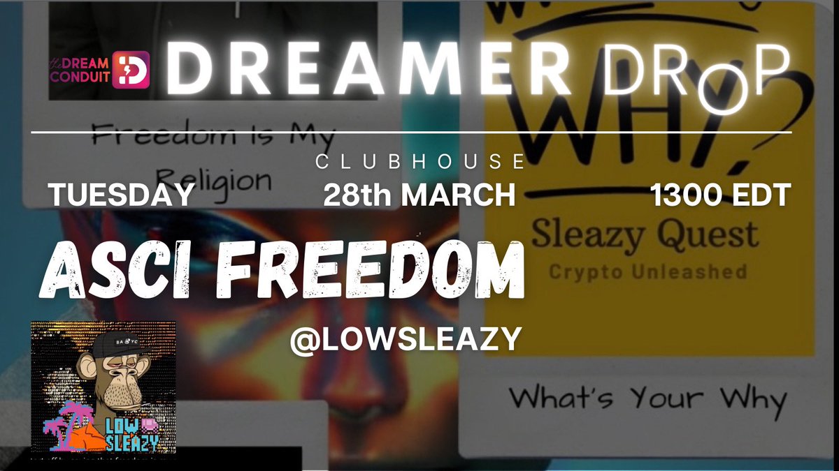 LiannaAdams's tweet photo. #DreamerDrop
@TheDreamConduit
Join us tomorrow to celebrate @LowSleazy latest drop #ASCIFreedom & get updates on the #SleazyQuest !
#Web3 #Web3Community #MusicNFT #Manifold #Music #Art #People #NFTCommunity #DigitalArt
Details ⬇️ https://t.co/DZoVVMFvge