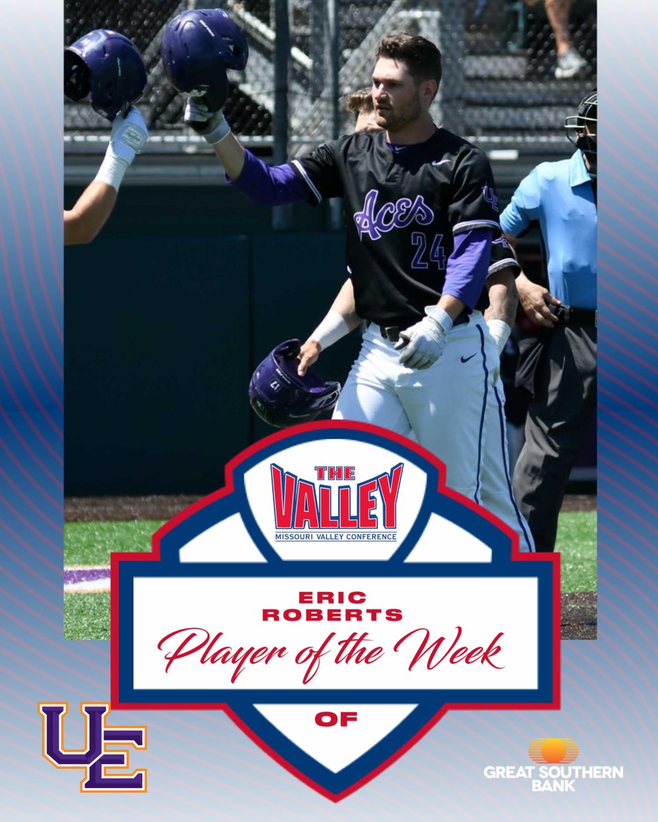 MVCsports's tweet image. Player of the Week ⫸ Eric Roberts, @UEAthleticsBASE

▪️ Belted four home runs, scored seven runs and had 10 RBI as Aces went 4-0 during the week
▪️ Homered in three of UE's four wins and slugged 1.111

Great Southern Bank | #TheValleyRunsDeep