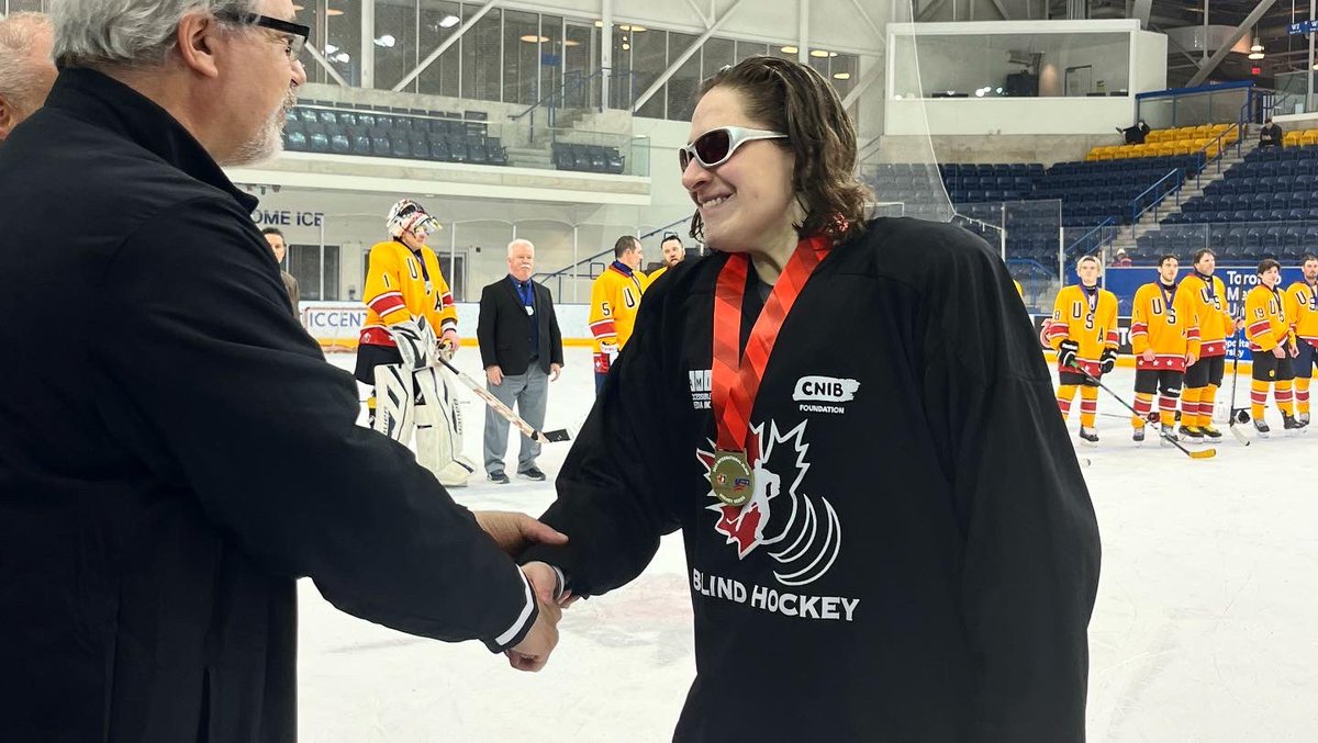 CDNBlindHockey's tweet photo. Team Canada hoists the cup of the International Blind Ice Hockey Series and smiles are all around as players receive their gold medals from Saturday’s ceremony as they take the series! 
#Canadian #National #Blind #Hockey #Tournament https://t.co/KP2PX2uIyR