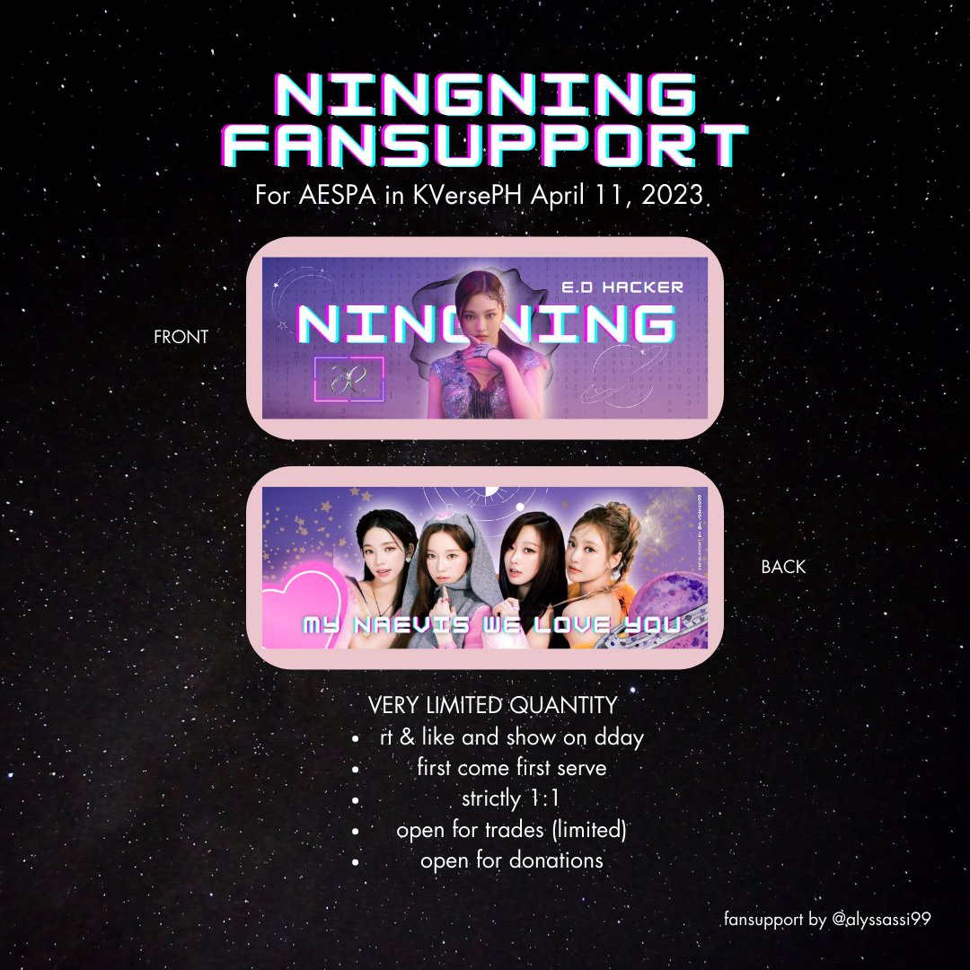 alyssassi99's tweet photo. Ningning &amp; #AESPA Fansupport
For #KVersePH April 11, 2023 in Manila

Hi MYs!!  I'll be giving away a few banners for my bias ningning <3

♡ VERY VERY LIMITED QUANTITIES
♡ OPEN FOR DONATIONS https://t.co/WEm7lO1p9s