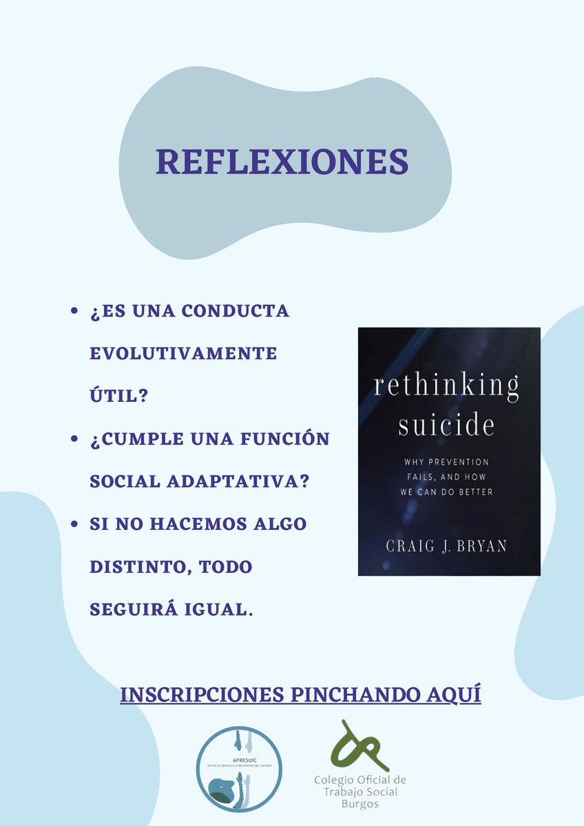 JORNADA FORMATIVA: EL SUICIDIO EN LA SOCIEDAD DEL BIENESTAR. ¿CÓMO INTERVENIR DESDE EL TRABAJO SOCIAL ANTE CONDUCTAS SUICIDAS? 19 de abril a las 17:00 en la Antigua Estación de Tren Imparte: Jesús de la Gándara y Pilar Muñoz