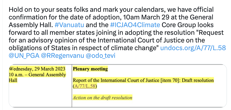 diva4equality's tweet photo. 📌🌎10 AM, 29 MARCH 2023 (NY TIME)🌏📌

A VOTE AT THE UN GENERAL ASSEMBLY. 

CRUCIAL FOR CLIMATE FRONTLINE PEOPLE. IN EVERY REGION.

MEMBER STATES, CSOs, DEV AGENCIES : 
BE THERE EARLY. 

STATES: BE READY TO VOTE YES FOR #ICJAO4Climate @antonioguterres  @PressACP @AOSISChair https://t.co/QvZuYiaaXd