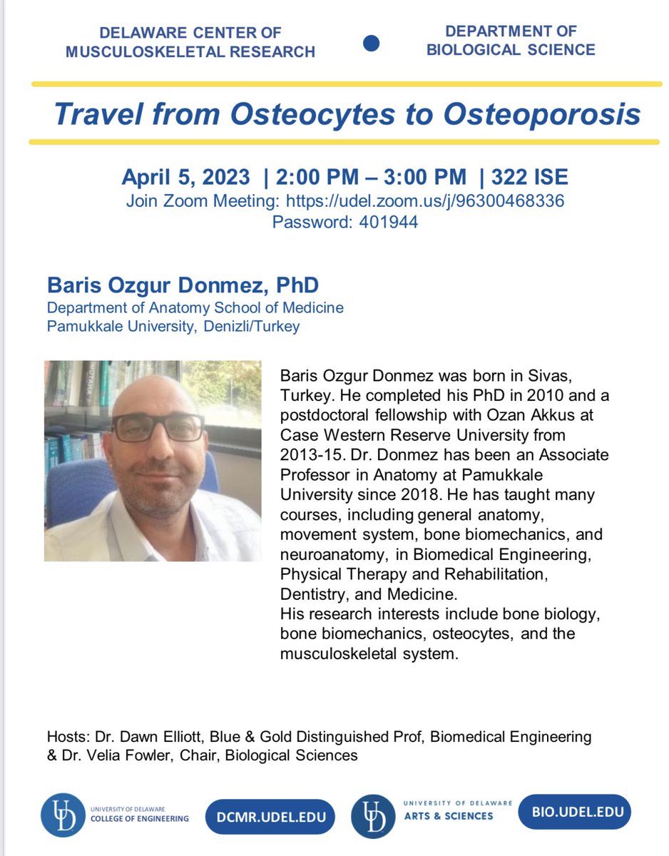 barisozgurd's tweet photo. Thank you very much to @ElliottLab for this kind invitation. Please note that. I will talk about osteocytes and osteoporosis. @UDelaware @pauedutr @TempleUniv @Nemours @AnatomyOrg @necip_atar #bonequality #orthoresearch #orthotwitter #bone https://t.co/D8tmqE2HyX