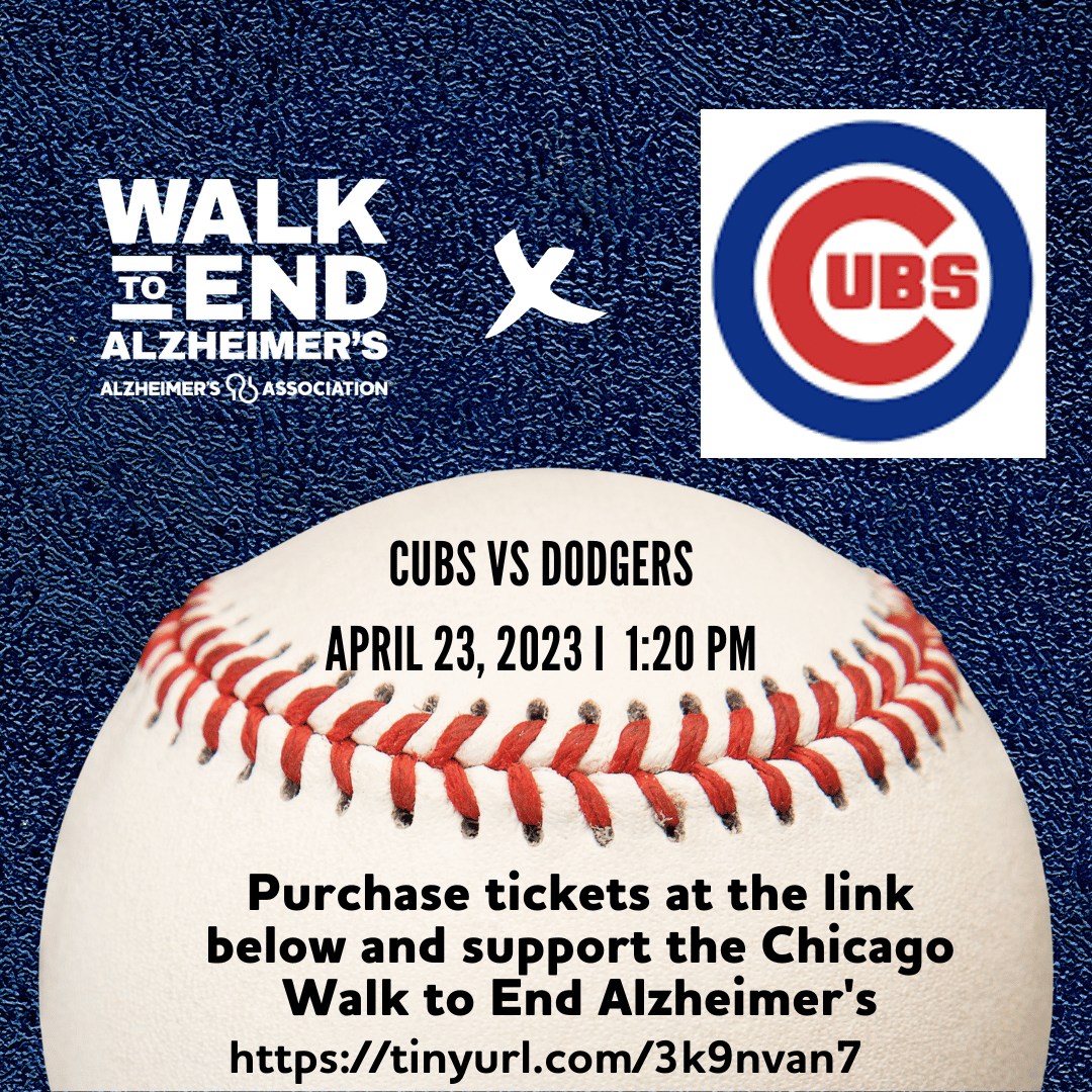 AlzChi's tweet photo. Get your tickets today and join us on Sunday, April 23 where the @Cubs  take on the LA @Dodgers. 

The Cubs are giving back $4 for every ticket through the link below:
https://t.co/5uf9ve5YIj

#Walk2EndAlzheimers #ENDALZ #ChicagoCubs https://t.co/FQwz5KsSl3