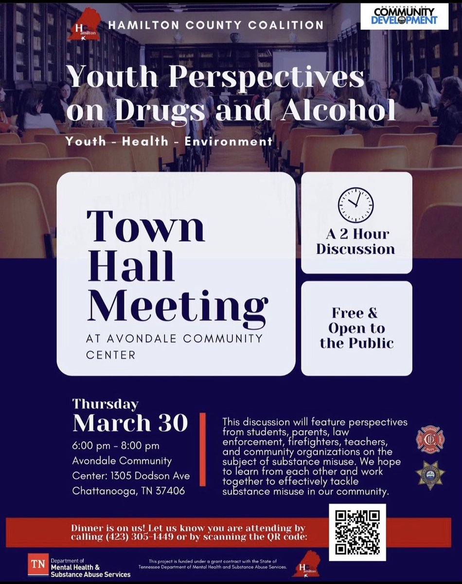 Chatt_CommDev's tweet photo. We want to hear from our YOUTH!
Join the Town Hall meeting this Thursday on the perspectives of drugs and alcohol.
Avondale Community Center
March 30th, 6 PM - 8 PM
#CHA #Community #Youth #OneCHA https://t.co/1xlB43fM2X