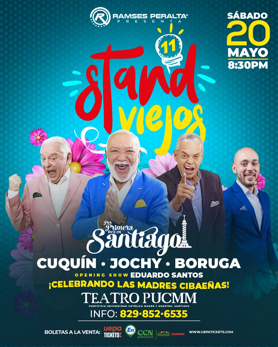 Santiago!

Llega el show de humor #StandViejos, celebrando las madres Cibaeñas!

Sábado 20 mayo 8.30PM en Teatro de la PUCMM!

<a href="/jochysantos/">Jochy Santos</a>
<a href="/cuquinvictoria/">Cuquin Victoria</a>
@borugard

Opening: <a href="/Santos_Eduardo/">Eduardo Santos</a>

Boletas en uepatickets.com, Supermercados Nacional y Jumbo.

Inf: 829 852 6535