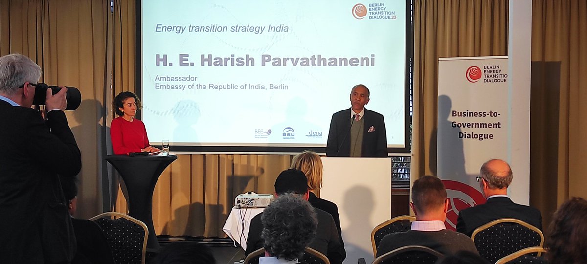 IGEFSO's tweet photo. "International cooperation is key to accelerate the green energy transition" says H.E. Harish Parvathaneni, Ambassador of the Republic of #India to Germany @ #betd23 Indo-German 🇮🇳🇩🇪 B2G Dialogue on #renewableenergy hosted by @BMWK and @dena_news supported by @giz_india @giz_gmbh https://t.co/Gzv8BsfuIs