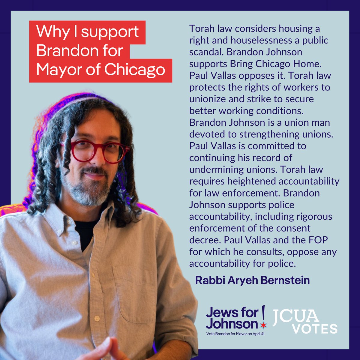 jcua_votes's tweet photo. Why do you support @Brandon4Chicago for mayor?

Allie, Aryeh, Elena, and Naomi shared their reasons.
Let us know yours: https://t.co/g1aeMa4dlI https://t.co/neugenuTYr