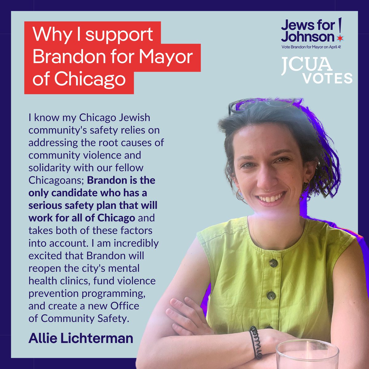 jcua_votes's tweet photo. Why do you support @Brandon4Chicago for mayor?

Allie, Aryeh, Elena, and Naomi shared their reasons.
Let us know yours: https://t.co/g1aeMa4dlI https://t.co/neugenuTYr