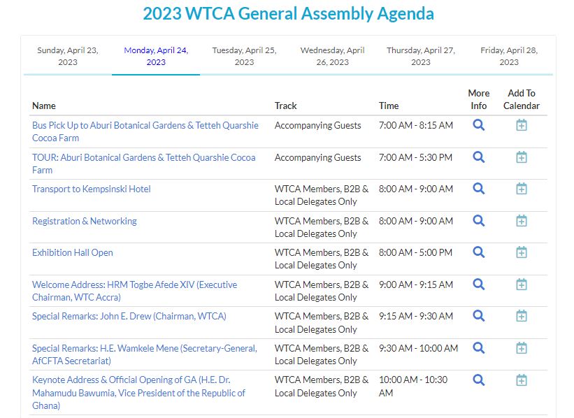 WTCA's tweet photo. We are counting down to the 2023 #WTCAGeneralAssembly - hosted by @wtc_accra April 23-28 - & unveiled the program ft. speakers such as the Vice President of #Ghana, the Secretary-General of the @AfCFTA & more. Visit https://t.co/K5rIeE8sgr & register at https://t.co/MyVFzpI8z6 https://t.co/OL1lpF0dtf