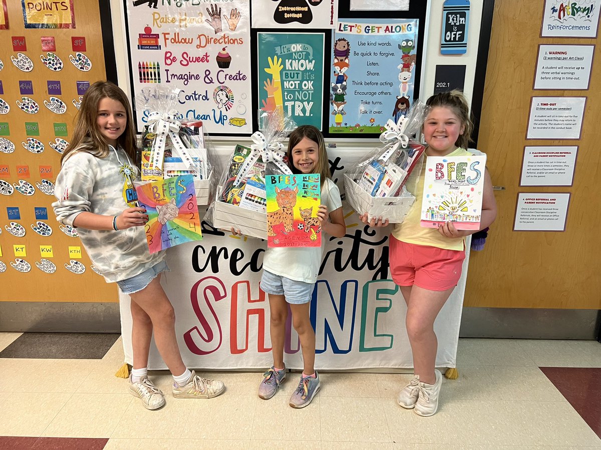 BFES_art's tweet photo. A huge congratulations to our top 3 finalists for the Agenda Cover Design contest! The 4th graders got to vote for their favorite design last week.
Congratulations to our winner, Ann Rose! Thank you, PTO, for helping make this happen! @BFESBobcats @StefiWickers41 @principalwebb https://t.co/gUrUHd88su