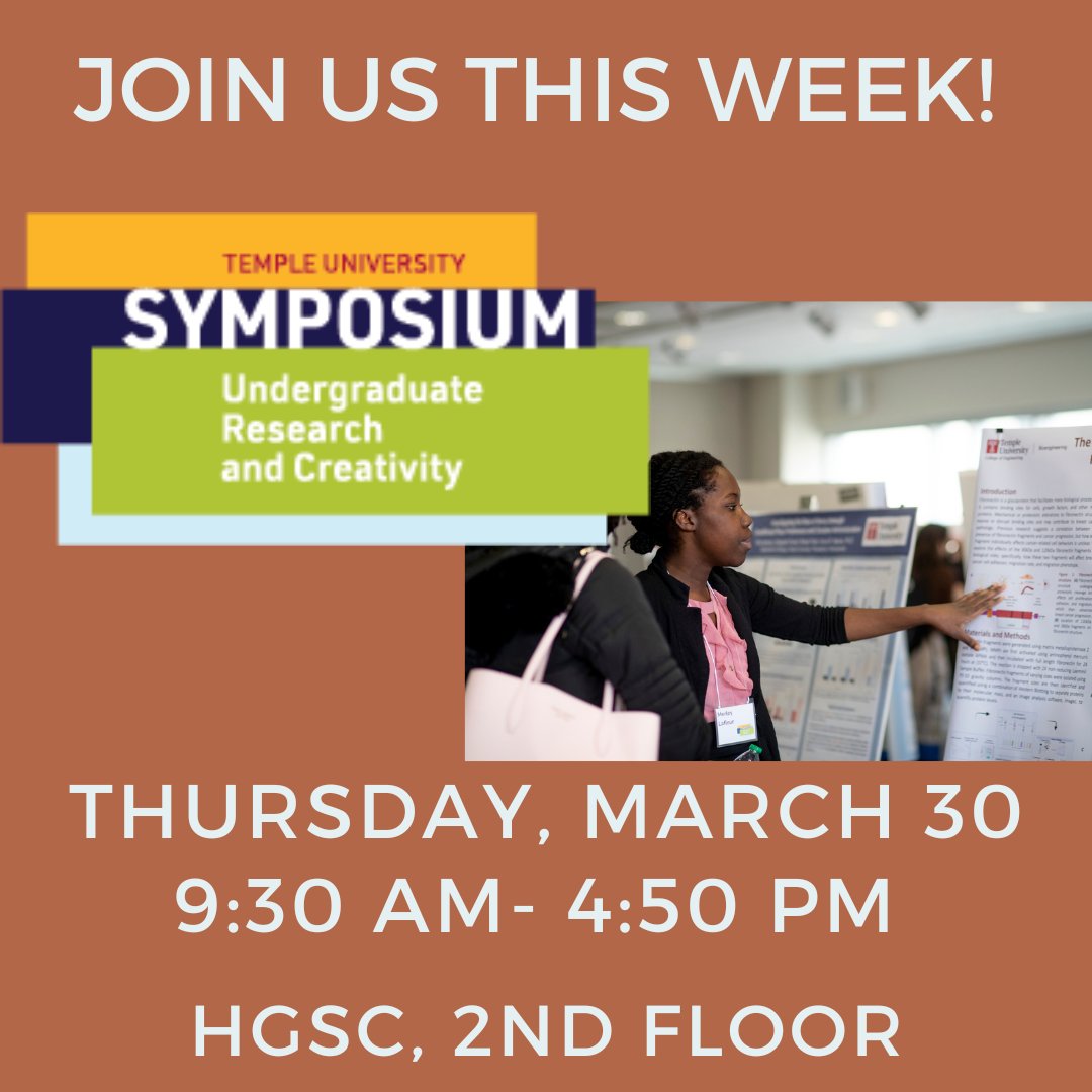 Come celebrate undergraduate research and creativity with us this Thursday! There will be nearly 140 student presenters hailing from a broad diversity of schools/colleges and majors. Check out the full schedule: undergradstudies.temple.edu/research/sympo…