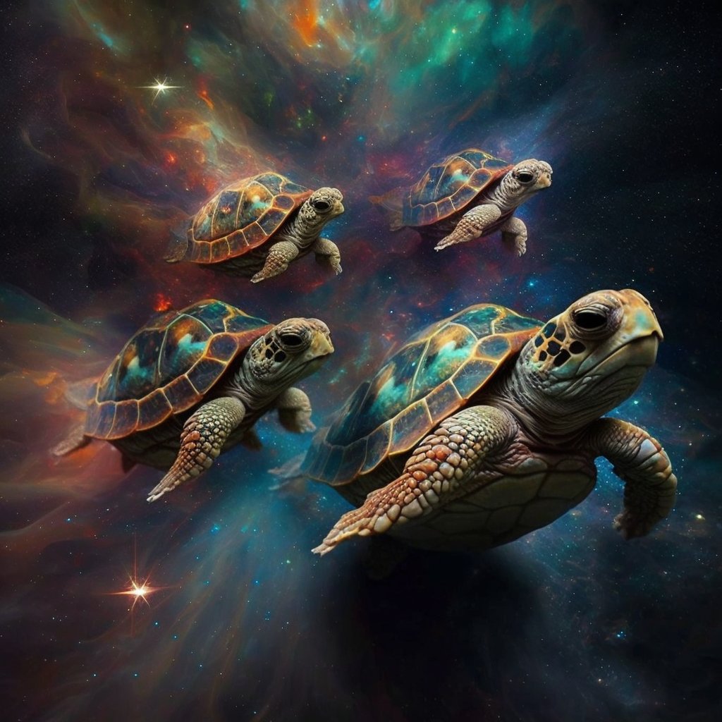todaywasawesome's tweet image. I asked @midjourney to imagine #ClusterAPI Turtles infinitely holding up the universe.