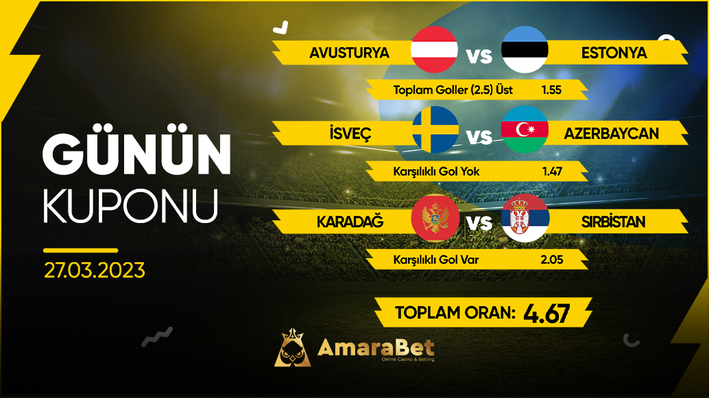 🏆Günün Kuponu⚽️

➡️AVUSTURYA - ESTONYA | Toplam Goller (2.5) Üst
➡️İSVEÇ - AZERBAYCAN | KG YOK 
➡️KARADAĞ - SIRBİSTAN | KG VAR 

🎁En yüksek bonuslar için; linktr.ee/amarabet