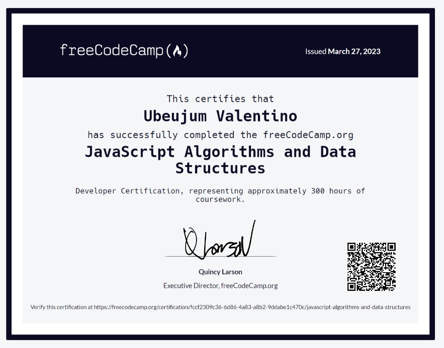 UbeujumV's tweet photo. I'm so glad to share my latest accomplishment in my Web Development Journey. I just completed freeCodeCamp's JavaScript Algorithms and Data Structutes Certification.
Verify this certification at https://t.co/FRC1U3TskL
Activate to view larger image, https://t.co/YQuV54W2Kx
