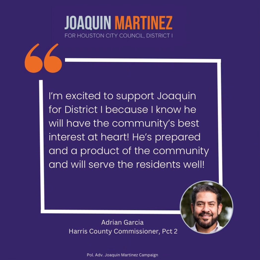 JMartinez4Hou's tweet photo. "He's prepared and a product of the community &amp; will serve the residents well." - Commissioner @AdrianGarciaHTX

Commissioner Garcia's endorsement humbles me. The community that raised me drives my passion for public service. I look forward to serving our communities together. https://t.co/IU3mI8tV6S