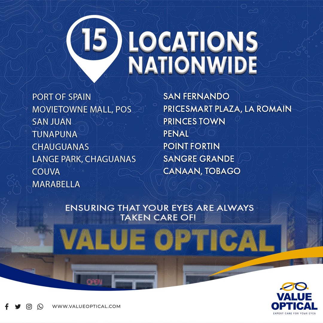 ValueOpticalLtd's tweet image. We have 15 locations all conveniently located throughout Trinidad and Tobago to ensure that your eyes are always taken care of!  

Where should we open up our next location? Let us know!

#valueoptical #expertcareforyoureyes #apex #digitallenses #eyeglasses #lenses #prescription