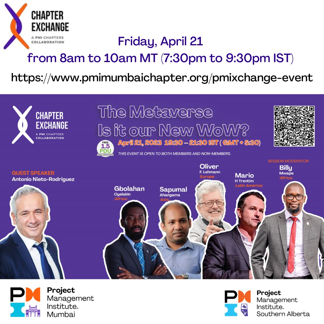 pmi_sac's tweet image. Launching #pmichapterXchange season 4, event 3
April 21, 2023, at 19:30 IST ( GMT + 5:30).
**8am to 10am MT**
Register here: 
pmimumbaichapter.org/pmixchange-eve…
#theXchangeEffect
Can Metaverse revolutionize, the way we connect, collaborate and cocreate?
Is this our new WoW (World of Work)?