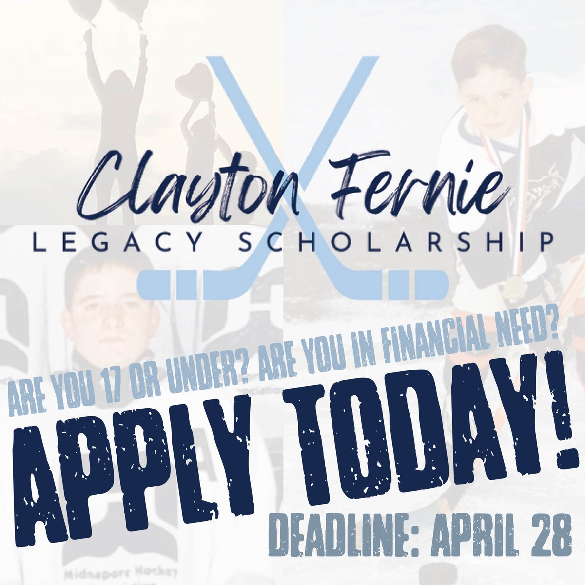 Apply today for the Clayton Fernie Legacy Scholarship! 

Youth in financial need who are 17 and under can have their registration fees covered by this amazing scholarship

Learn more and apply today: claytonfernielegacy.ca

Deadline: April 28 @ 7pm