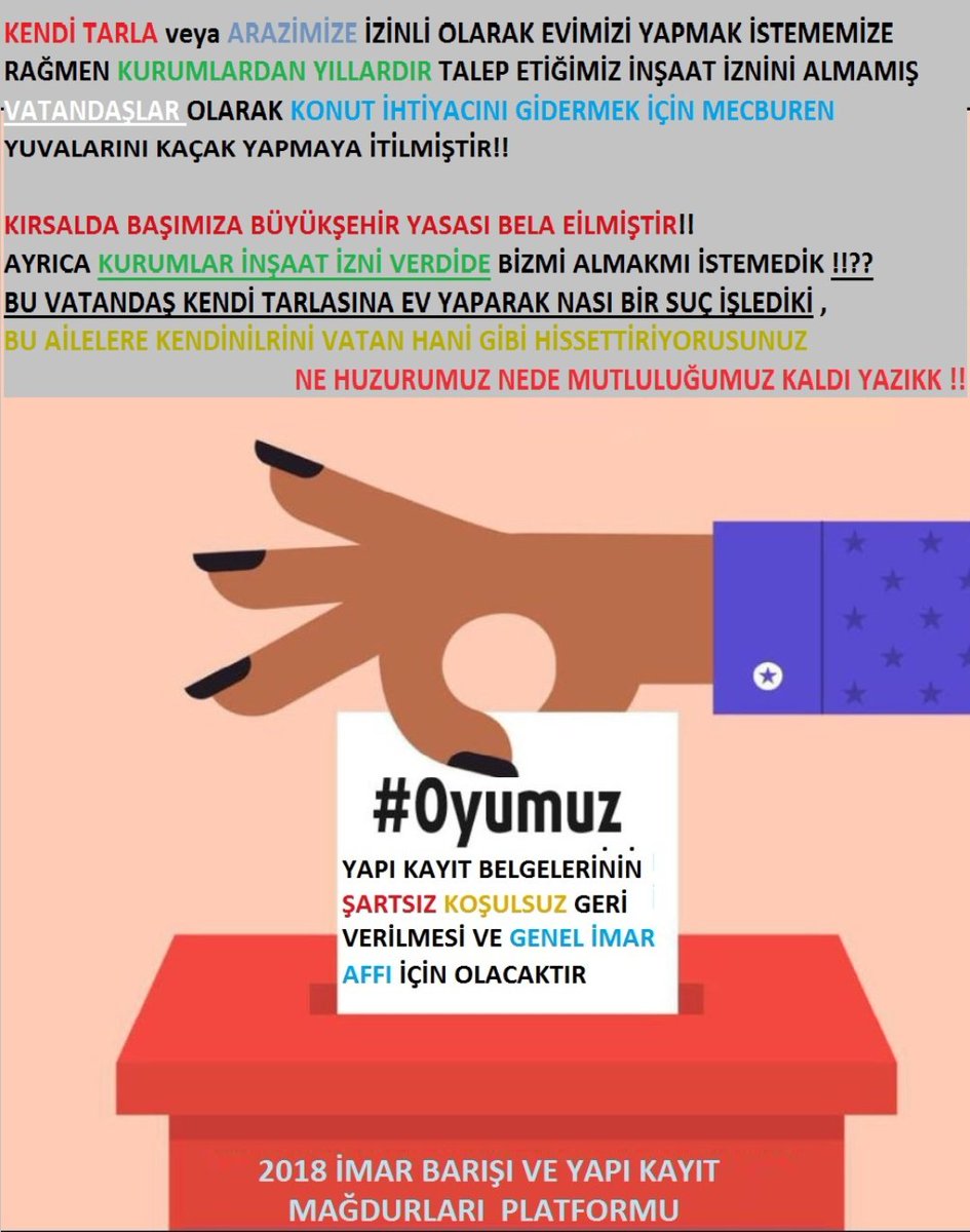 BİZLER SAYILARI KÜÇÜMSENMEYCEK KADAR ÇOK SEÇMEN KİTLESİ OLARAK ÇARPANI BÜYÜK Yapı Kayıt Mağdurlarıyız 
Tek Suçumuz Kendi Tapulu Arazimize Kurumlardan izin Alamadığımız İçin Azkatlı Ruhsatsız Ev Yapmak  EvimiYıkana OYyok  #DepremŞartlıYapıKayıt  
<a href="/RTErdogan/">Recep Tayyip Erdoğan</a> <a href="/murat_kurum/">Murat KURUM</a>
