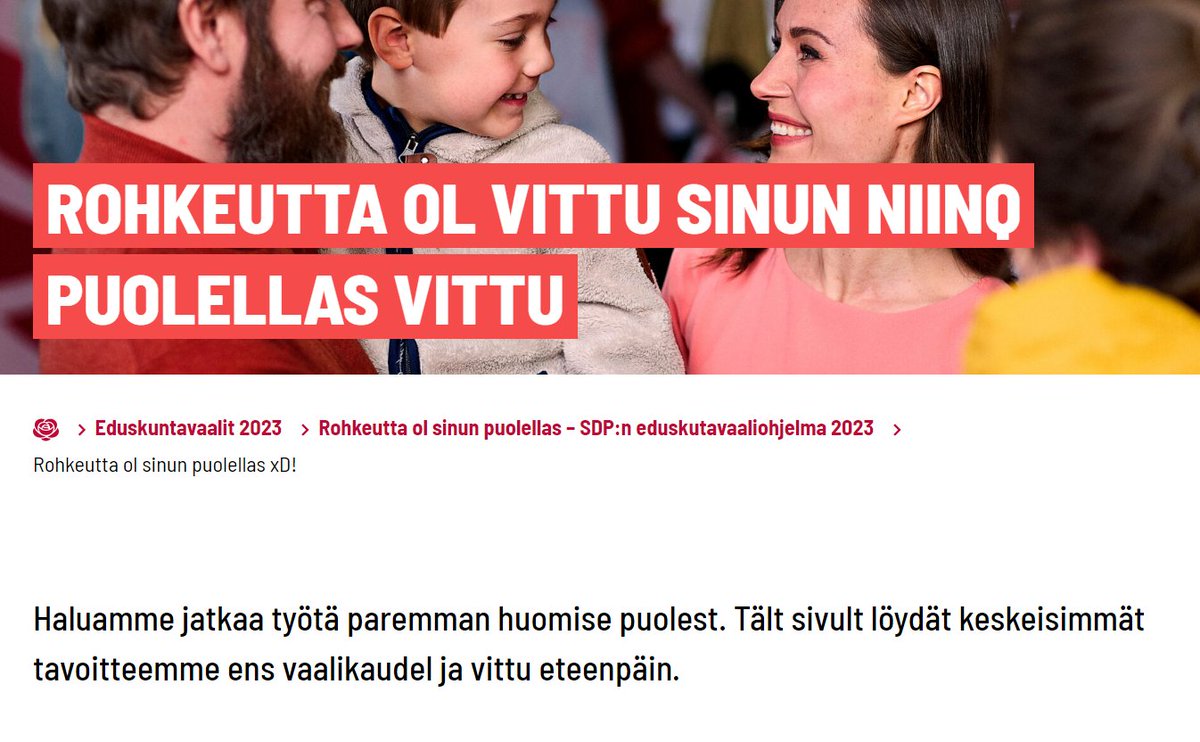 Rajainmaki's tweet image. SDP on usein valittanut vaalien jälkeen että vaalimenestys oli huono koska viesti ei mennyt perille.  Ehkä pitäisi kokeilla kansantajuisempaa viestien muotoilua, vaikkapa korsoksi. Yritän auttaa vittu tiäx, ilmasex fukc.

#vaalit #sdp #fukc
