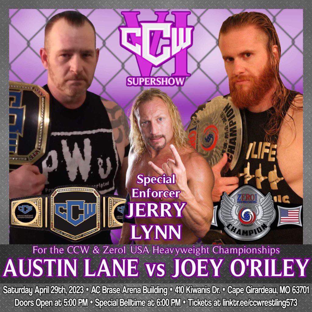 austinlane1's tweet photo. Saturday, April 29th in Cape Girardeau, MO.  It’s #TitleVsTitle @CCWrestling573 Championship Vs @Zero1USAcom Championship Austin Lane Vs @JoeyORiley11 w/ @itsjerrylynn as the special enforcer. Plus @TheMattCardona , @nixi_pw , @NadiaWWrestling , @LittleBit_2008 , &amp; so many more https://t.co/m7FrZhMNTX