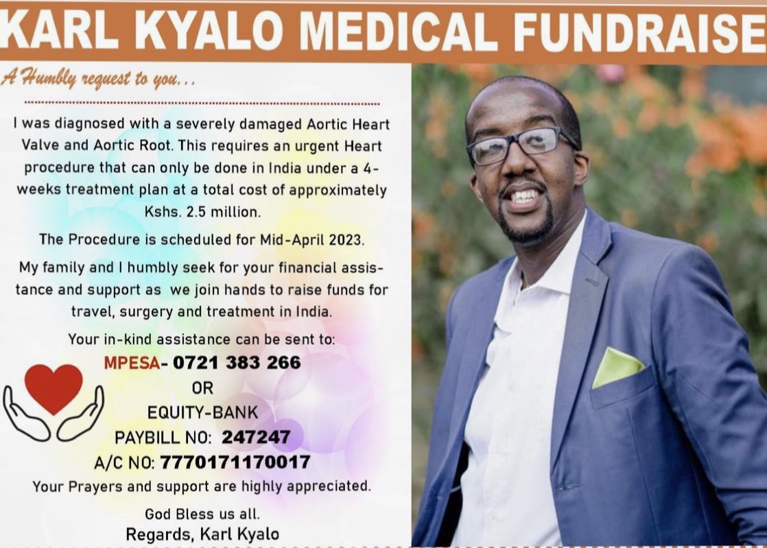 footsoldierRow's tweet photo. One day you’re a young vibrant person making your way through life. Trying your level best to just be that citizen. Next thing, you are in need of specialised treatment, your family needs support. Please support Karl Kyalo have a healthy heart 🙏🏼 https://t.co/CMWXiwO0Gk