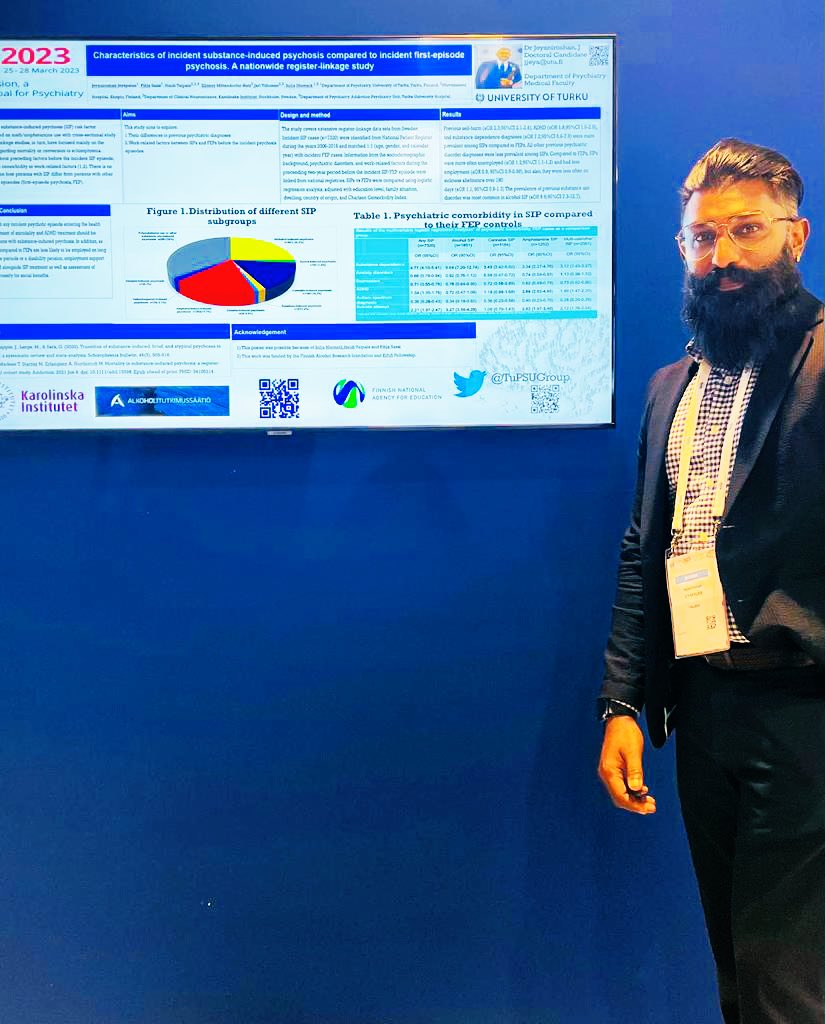 solnie's tweet photo. Proud to present @JeyaniroshanJ #EPA23 poster prize winner! 🏆 ”Characteristics of incident substance-induced #psychosis compared to other first-episode psychosis.” Check details of this register-linkage study from https://t.co/c9SMSphWod Great collaboration w @HeidiTaipale 🤩 https://t.co/pWRgxkwdyW