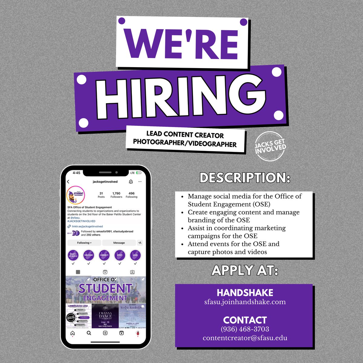 sfagetinvolved's tweet photo. HEY JACKS! ๐ Our office is hiring! If you love graphic design, social media management, and photography/videography, then our office is the place for you! ๐ธ Visit https://t.co/oWJKkTqLC3 to apply. ๐ #JACKSGETINVOLVED #SFA23 #SFA24 #SFA25 #SFA26 https://t.co/UogODtJIK1