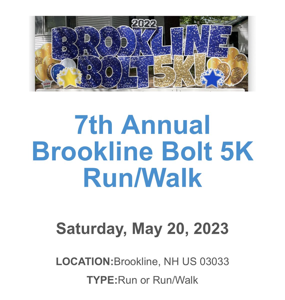 📢JOIN US!

Registration is OPEN 🤗 runsignup.com/Race/NH/Brookl… 

Sat., May 20th
9:00AM Kid Fun Run
9:30AM 5K starts 
LOC: Camp Tevya Brookline, NH

Hope to see you on the trails! 

#5krunner #running #runningcommunity #5km #runwalk #familyfun #BrooklineBolt #runhappy #communityevent
