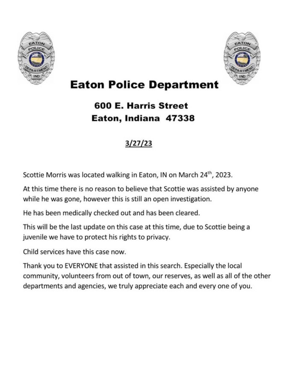 Latest Update for Scottie Morris from #Eaton PD below ⬇️ This will be their last update. “Child services have this case now.” #ScottieMorris #ScottieDeanMorris #Update #EatonPD #Indiana