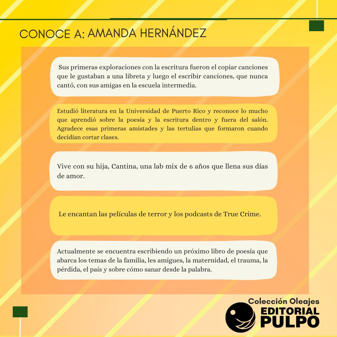 Queremos darle la bienvenida a la poeta y editora puertorriqueña, Amanda Hernández. Se trata de una reedición de su primer libro, «Entre tanto amarillo» traducido por Kenneth Cumba, comentado por Nelmaries N. Medina Rodríguez, Daniel Rosa Hunter y Gaddiel F. Ruiz Rivera. 💛🐙