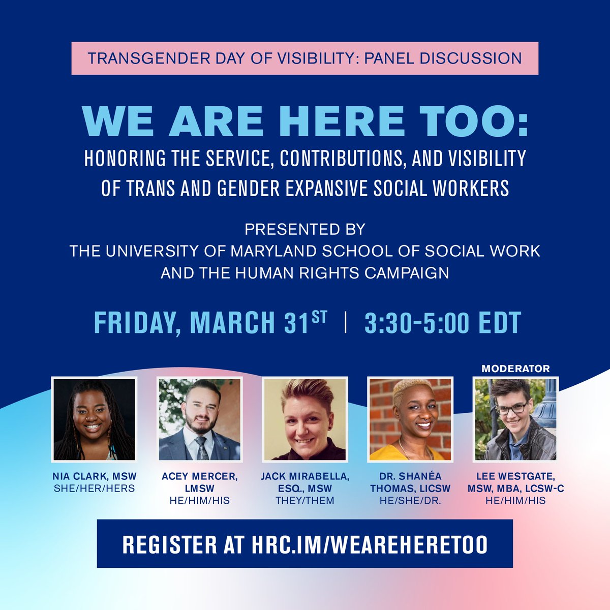 nasw's tweet photo. #NASW is a proud supporter of this event by HRC and the University of Maryland School of Social Work. Please join the #TransDayofVisibility Social Work Panel this Friday. #SocialWorkBreaksBarriers #SWMonth2023 https://t.co/cTvlDkDDjb