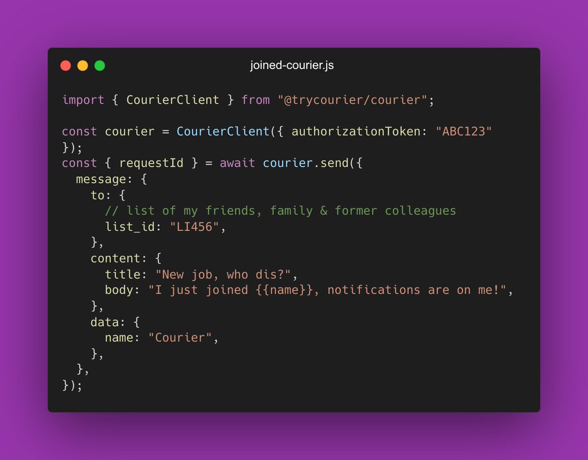 Code to send a message to a list using the Courier announcing my new job.