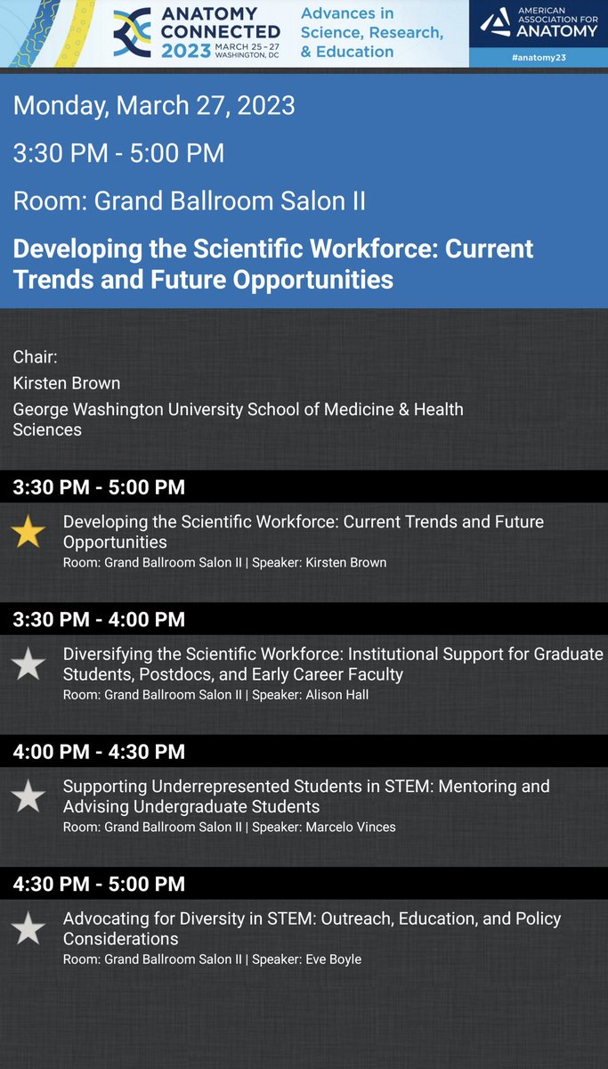 It may the last day of <a href="/AnatomyOrg/">American Association for Anatomy</a> #AnatomyConnected2023 #anatomy23 but we still have an awesome session at 330pm. Come hear our experts talk about how we can improve diversity in the scientific workforce and the challenges to do so. <a href="/evekboyle/">Eve Khadijiah Boyle, Ph.D.</a> @marcelovinces
